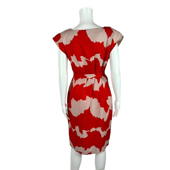 Vintage 80s Sheath Dress Women's Medium Red White Artistic Faux Linen - Picture 9 of 11